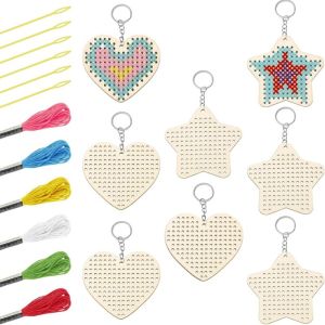 8pcs/set Wooden Heart Cross Stitch Keyring Embroidery Set Mini Sewing DIY Key Chains for Beginners Small Cross Stitch Sewing