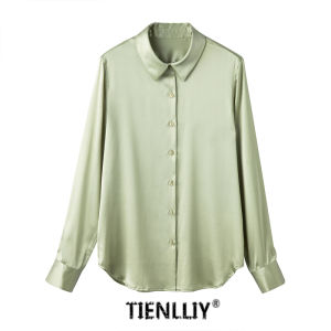 Tienlliy Silk Shirt Womens Long Sleeve Loose Fit Professional Satin Office Shirt Heavyweight  Silk Polo Collar Pure Color