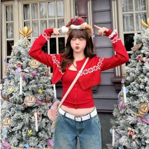 YUEZHONGWEI | Atmospheric Red Fair Isle Knitted Sweater & Tank Top Set