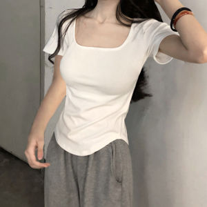 White Square Collar Slim Fit Short Sleeve T-Shirt Womens Fashionable Base Layer Top Spring Summer New Arrival Korean Style