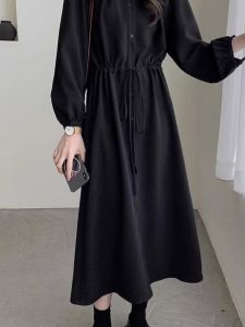 plus Size French Black Hepburn Style Long Sleeve Dress Womens Spring Slimming Waist Cinched Shirt Dress Elegant Commute Style