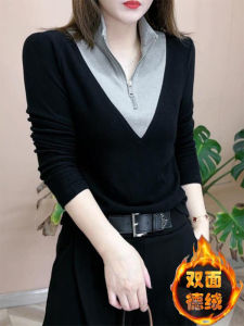 Double-Sided Velvet Bottoming Shirt Long Sleeves T-shirt 2024 Fall and Winter New Product Fashion Colorblock Stand Collar Slimming Easiest for Match Ladies Tops