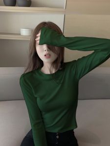 Forest Green Long Sleeve round Neck Base Shirt Womens Inner Wear T-Shirt Cool Style Solid Color Slim Fit Commute Casual Cotton