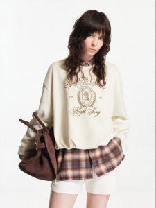 Spring Long Sleeve Round Neck Fashion Pleated Hem Womens Hoodie