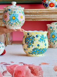 Hand-Painted Ceramic Sealed Storage Jar Kitchen Use Pork Fat Container Creative Country Style round Shape Multiple Pieces Set