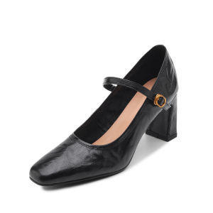 เสื้อท่อนบน รองเท้าแมรี่เจนหนังแกะชั้น ผู้หญิง ส้นหนา French Vintage Single สายคล้อง รองเท้าส้นสูง เรียบง่าย หนัง รองเท้าหัวเหลี่ยม