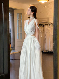 Elegant V-Neck High-Waisted Long Dress Bared Waist Design A-Line Skirt Style Summer Thin Material No-Sleeve Womens Dress
