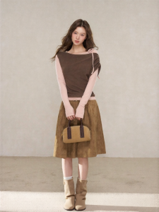 YIKEXIAOYEMEI | Chân Váy Vintage Màu Khaki Thắt Lưng Cao
