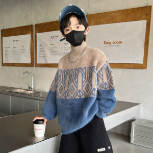 Boys Autumn Winter Knitwear Half High Collar Mink Velvet Long Sleeve Casual Style Childrens Clothing Soft Cotton Blend Fabric