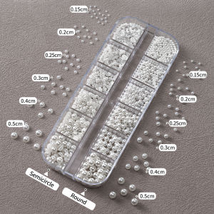 12Grids 3D White Pearls Nail Art Charms 0.15-0.5cm Round/Semicircle Pearl Nail Rhinestones Decor DIY Crafts Manicure Accessories
