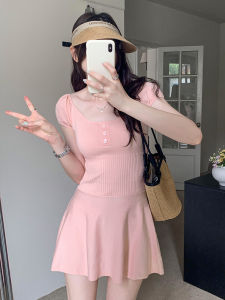 Elegant Short Pink Waist-Cinching Dress Korean Style Summer 2025 New French Elegant Date Dress Womens Fashion Knitted Dress
