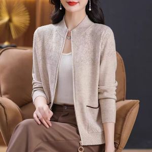 Spring Autumn Womens Knitted Short Loose Cardigan Collar Zipped Outerwear Cashmere Sweater Fashionable Commute Style Long Sleeve