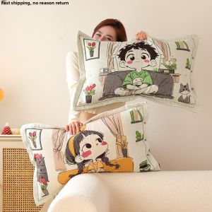 Thickened Pure Cotton Pillowcase Set of Two Soft Breathable Rectangular Shaped for All Seasons Home Use Non-Woven Fabric