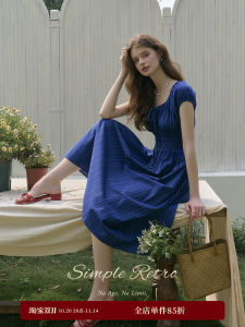 Adjustable Neckline Bubble Sleeve Dress French Waist Cinching A-Line Skirt Simple Retro Womens Clothing Spring Summer Dress