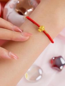 ZHOU LIU FU 周六福 24K Solid Gold Bracelet Pure Gold Lucky Snake Charm Chinese Zodiac Red Braided Bracelet for Women Girl Birthday New Year Gifts 16+6cm A1713123