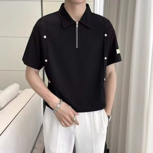 Short Sleeve Zipper Polo Shirt Mens Summer New Style Collared Trendy Half Sleeve Turn-down Collar T-shirt for Youth Daily Wear Polyester Fiber