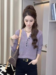 Womens V-Neck Long Sleeve Knitted Base Shirt Slimming Inner Wear Korean Style Commute Loose Fit Regular Sleeve Length