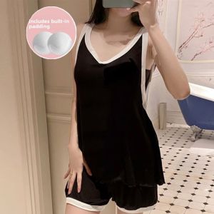 Summer Sleeveless Vest Set with Chest Pad Thin Home Clothes for Women Simple Style Anti-Embarrassment Design Short Pants