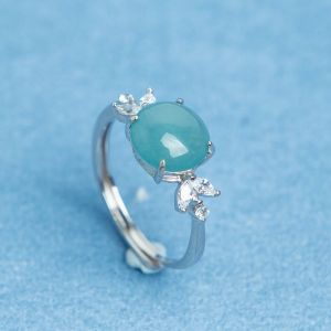 Light Blue Natural A-grade Jade Bead Drip Zircon Women S925 Silver Open Ring with Certificate