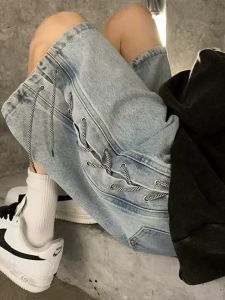 กางเกงขาสั้นยีนส์ทรงหลวมขาบานสำหรับผู้หญิงในช่วงฤดูร้อน กางเกงขายาวผ่าข้าง กางเกงขายาวทรงตรง กางเกงขายาวทรงหลวม