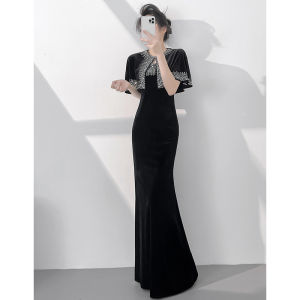 Black Elegant Evening Dress Velvet Spaghetti Strap Mermaid Shawl