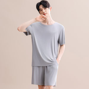 MiiOW | ชุดนอนชายผ้าไหมน้ำแข็งไร้ตะเข็บ ชุดอยู่บ้านฤดูร้อน 2025 ใหม่ บาง ผ้าฝ้ายผสมโพลีเอสเตอร์ แขนสั้น คอกลม สีพื้น ใส่กลางแจ้งได้