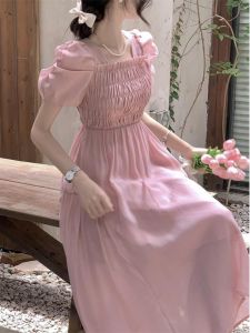 Elegant French Style Ultra-Fairy Dress Womens Mid-Length Autumn New Pleated Slim Bubble Sleeve First Love Dress