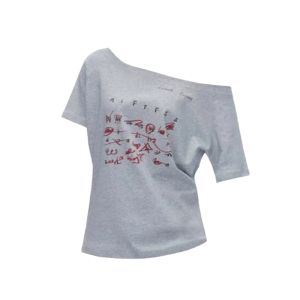 YUEZHONGWEI | Gray Shoulder Bared Short Sleeve T-Shirt Womens Loose Fit Cotton Retro American Letter Print Summer Top Korean Style Commute