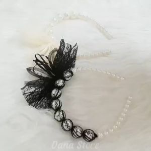 Bờm cài tóc chuỗi ngọc nơ ren băng đô trang trí tóc hạt ngọc phối ren