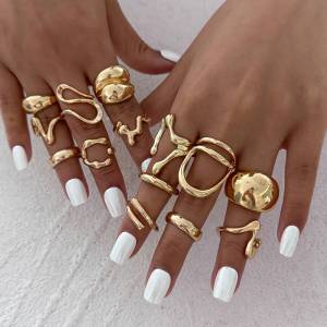 IngeSight.Z 14 ชิ้น/เซ็ตVINTAGEโลหะไม่สม่ําเสมอเรขาคณิตWater DROP Smoothแหวนผู้หญิงPunkเปิดKnuckleแหวนเครื่องประดับของขวัญ