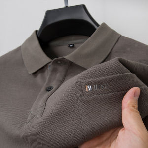 Loose Long Sleeve Cotton Polo Shirt for Men with Pocket Autumn Top Dad Casual Wear Pure Cotton Mid-aged Mens T-shirt