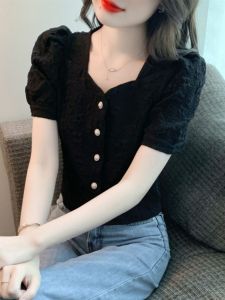 Lace Blouse Base Shirt Women Summer New French Beautiful Small Shirt Fashionable High-End Feel Spring Short Sleeve Square Collar