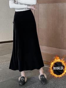 กระโปรงยาวทรงเอผ้ากำมะหยี่ทองคอตตอนผสมสแปนเด็กซ์เอวสูง กระโปรงทรงหางปลาสำหรับผู้หญิงในฤดูใบไม้ร่วงและฤดูหนาว