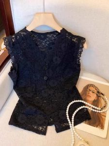 TIANANQI | V-Neck Lace Floral See-Through Sleeveless Top