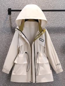 Waterproof Spring Outerwear Womens Loose Fit New Arrival Windbreaker Coat Korean Style Long Sleeve Hooded Zipper Closure plus Size