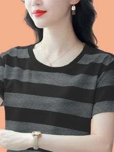 Áo Thun Cotton Mùa Hè Dáng Rộng Tay Ngắn Sọc Cổ Tròn Tay Lửng Dáng Rộng Thoải Mái Thoáng Khí Thời Trang Thường Ngày Cho Nữ