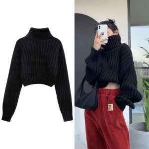 สีดำ สูง ปกเสื้อ สั้น เสื้อสเวตเตอร์ถัก ผู้หญิง ฤดูใบไม้ร่วง ฤดูหนาว หนาขึ้น ขี้เกียจ หวาน และสไตล์เผ็ดหน้าท้องแสดง Twist Head เสื้อถัก