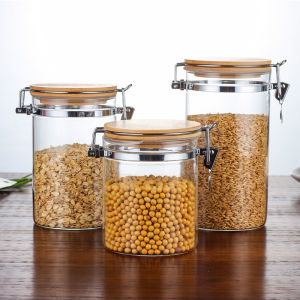 Large Size Sealed Glass Storage Jar Kitchen Storage Bottle for Grains Cereals Tea And Candy Bamboo Wood Lid round Shape Chinese Style