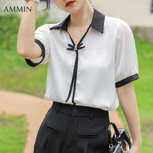 Ammin 2023 mùa hè mới tương phản v-cổ với Bow Studded đính cườm Streamer thiết kế draped satin áo cánh vải voan của phụ nữ phiên bản Hàn Quốc tay ngắn đi lại áo blouse thanh lịch