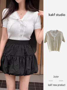 Áo Len Dệt Kim Tay Ngắn Cổ Chữ V Ren Ngắn Cho Nữ Mùa Hè Thanh Lịch Cỡ Nhỏ Ngọt Ngào Ôm Vừa Vặn Áo Thun Ngắn