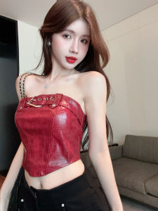 GUZILIAN | Retro Snake Skin Print Crop Top Vest Versatile Outerwear Red Slimming Belly Bearing Summer Fashionable For Students And Girls