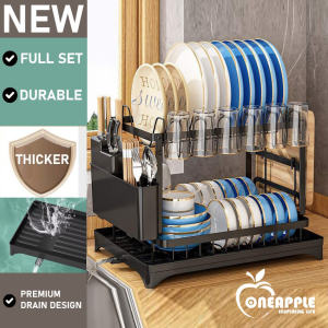 ONEAPPLE.MY Auto Drain Double Rak Pinggan Cawan  Kitchen Storage Rack with Tray Kitchen Dish Drainer Snap - On - Design