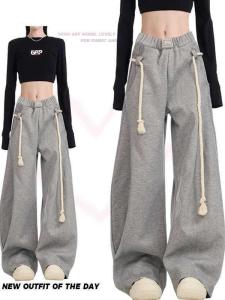 Quần Thể Thao Nữ Dáng Rộng Màu Xám Phong Cách Mỹ Cổ Điển Quần Dài Ống Đứng Quần Dài Thoải Mái Quần Dài Thường Ngày