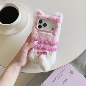 Cute Cartoon Cat Bowknot Warm Furry Fur Plush Phone Case for iPhone 17 Air 16 15 14 13 12 11 Pro Max Shockproof Protective Cover