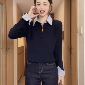 เสื้อสเวตเตอร์ถักแขนยาวสไตล์เกาหลี ทรงเข้ารูป ปกเสื้อ ทรงเข้ารูป สำหรับผู้หญิง ฤดูใบไม้ร่วง 2025 เสื้อชั้นในลายทาง