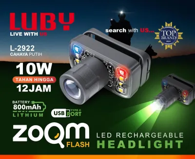 LUBY LAMPU SENTER KEPALA ZOOM 65W L-2906NL RECARGEABLE CAHAYA PUTIH HEAD LAMP CAHAYA SUPER TERANG BAGUS KUALITAS TERBAIK