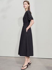 Amii Casual Cotton Feel Waist Cinched Midi Dress Simple Clean Korean Style Commute Suitable Summer V Neck H Type Pure Color