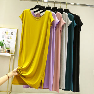 คอวี Modal แม็กซี่เดรส ผู้หญิง ฤดูร้อน หลวม เสื้อแจ๊กเก็ตบางชั้นสีทึบพอดีตัวขนาดใหญ่ เดรส ยาว สำหรับงานกลางคืน ชุดราตรี