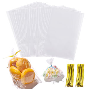 100pcs Transparent Bags Cello Bags Party Supplies Sweet Clear Treat Bags with 100 pcs Twist Ties for Treats Popcorn Candy Party