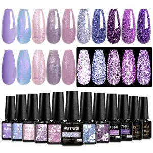 12 PC Mtssii ประกายสีม่วงเล็บเจลชุดฐานเจล Top Coat การจับคู่ DIY Nail Art Salon UV/LED Soak Off ชุดเคลือบเงา